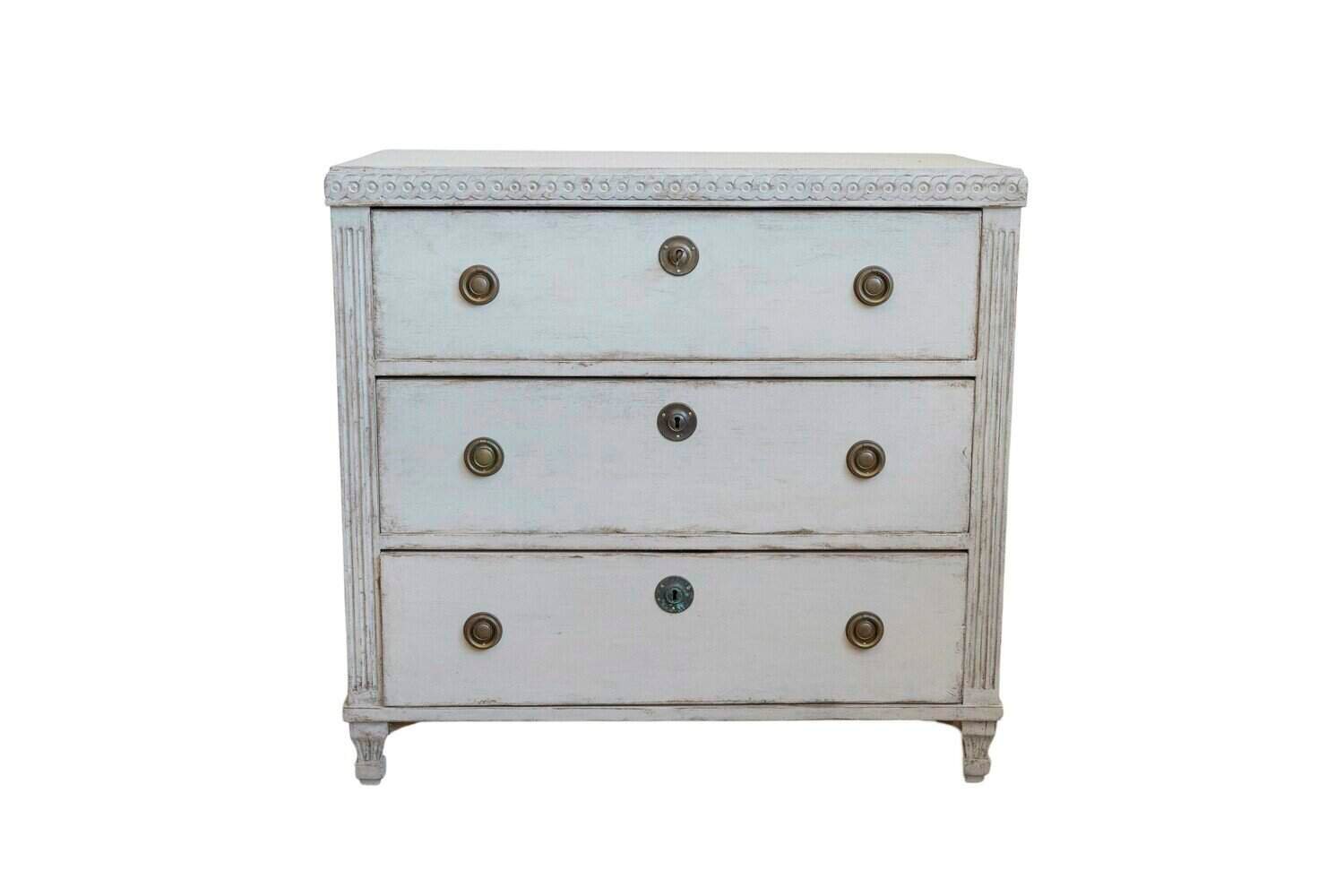 Swedish 1865 Neoclassical Style Painted Three-Drawer Chest with Guilloches - JAA