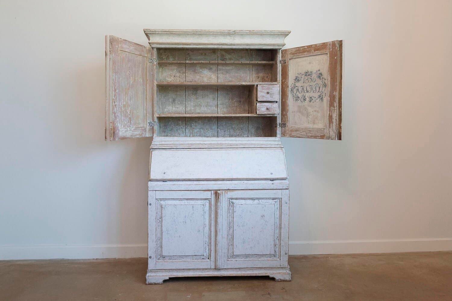 Swedish 1856 Two-part Painted Secretary with Four Doors and Slant Front Desk - JAA