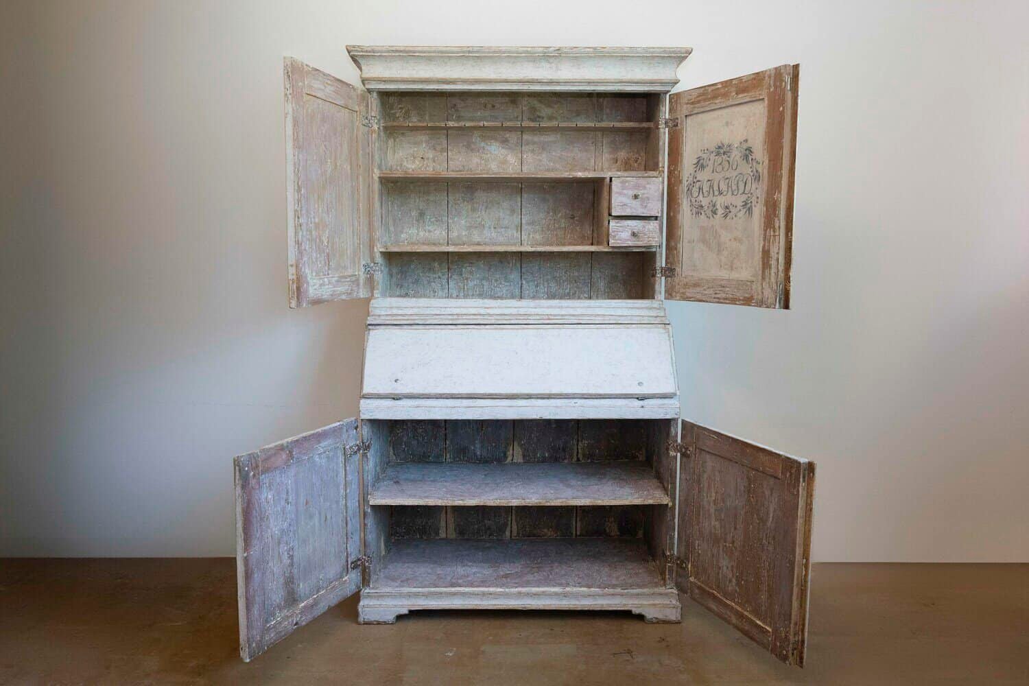 Swedish 1856 Two-part Painted Secretary with Four Doors and Slant Front Desk - JAA