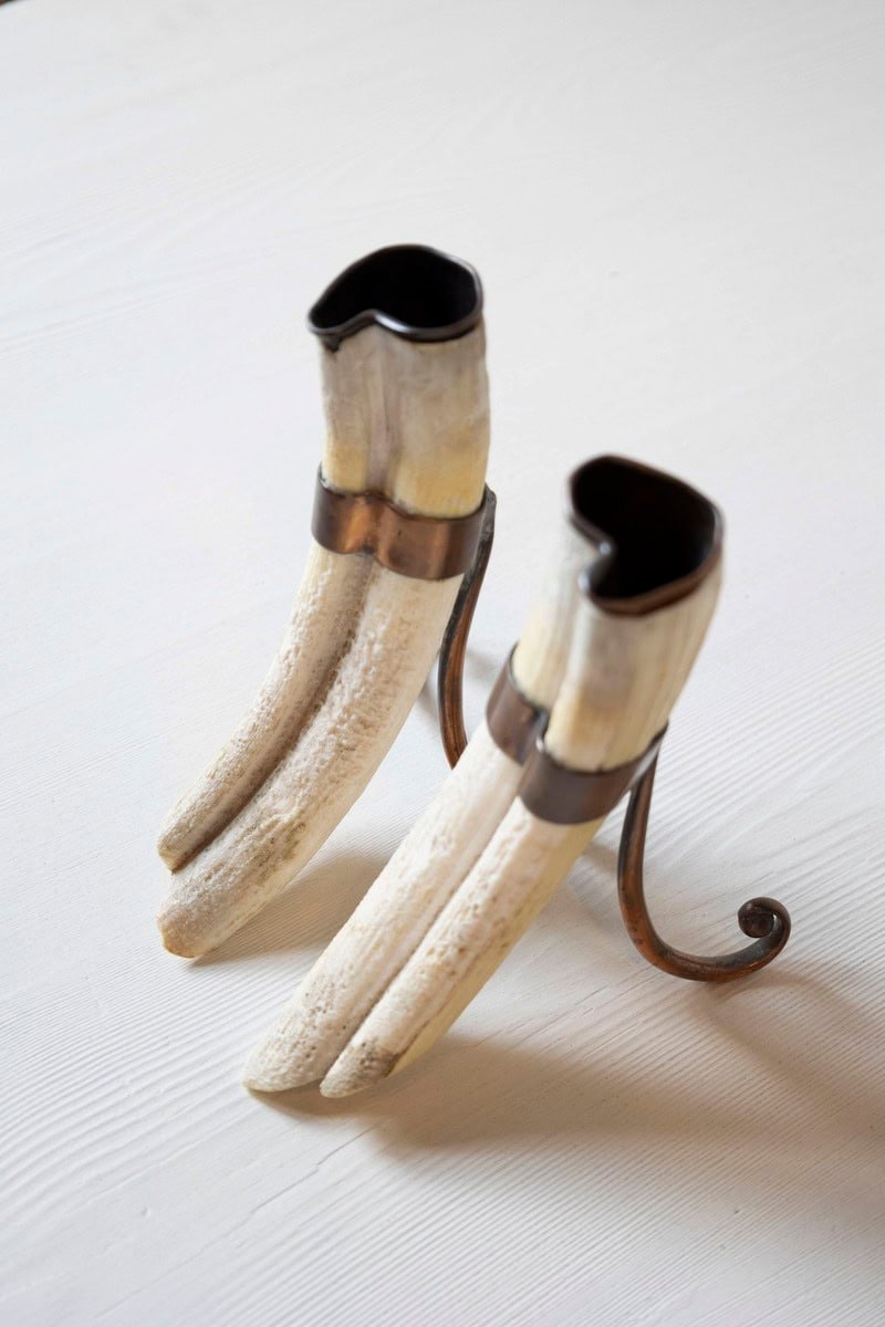 Rustic Pair of 19th Century Game Animal Horns Mounted on Scrolling Metal Stands - JAA