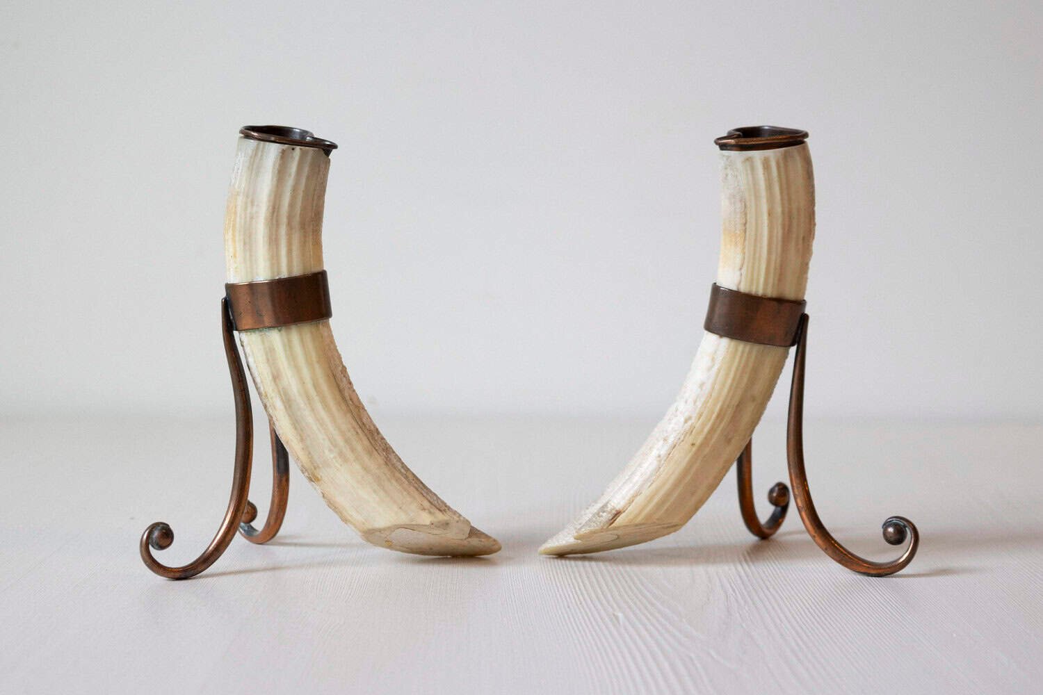Rustic Pair of 19th Century Game Animal Horns Mounted on Scrolling Metal Stands - JAA
