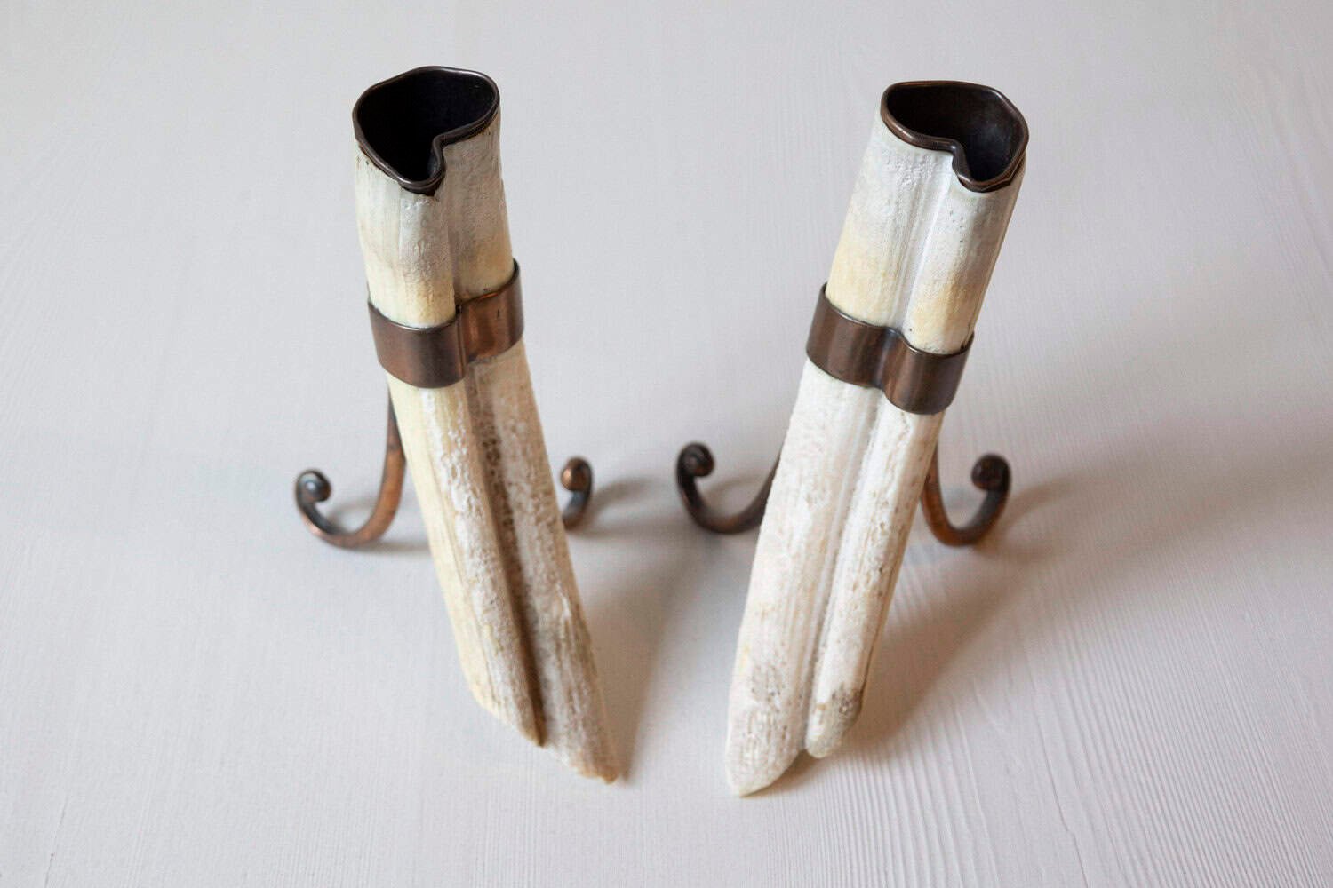 Rustic Pair of 19th Century Game Animal Horns Mounted on Scrolling Metal Stands - JAA