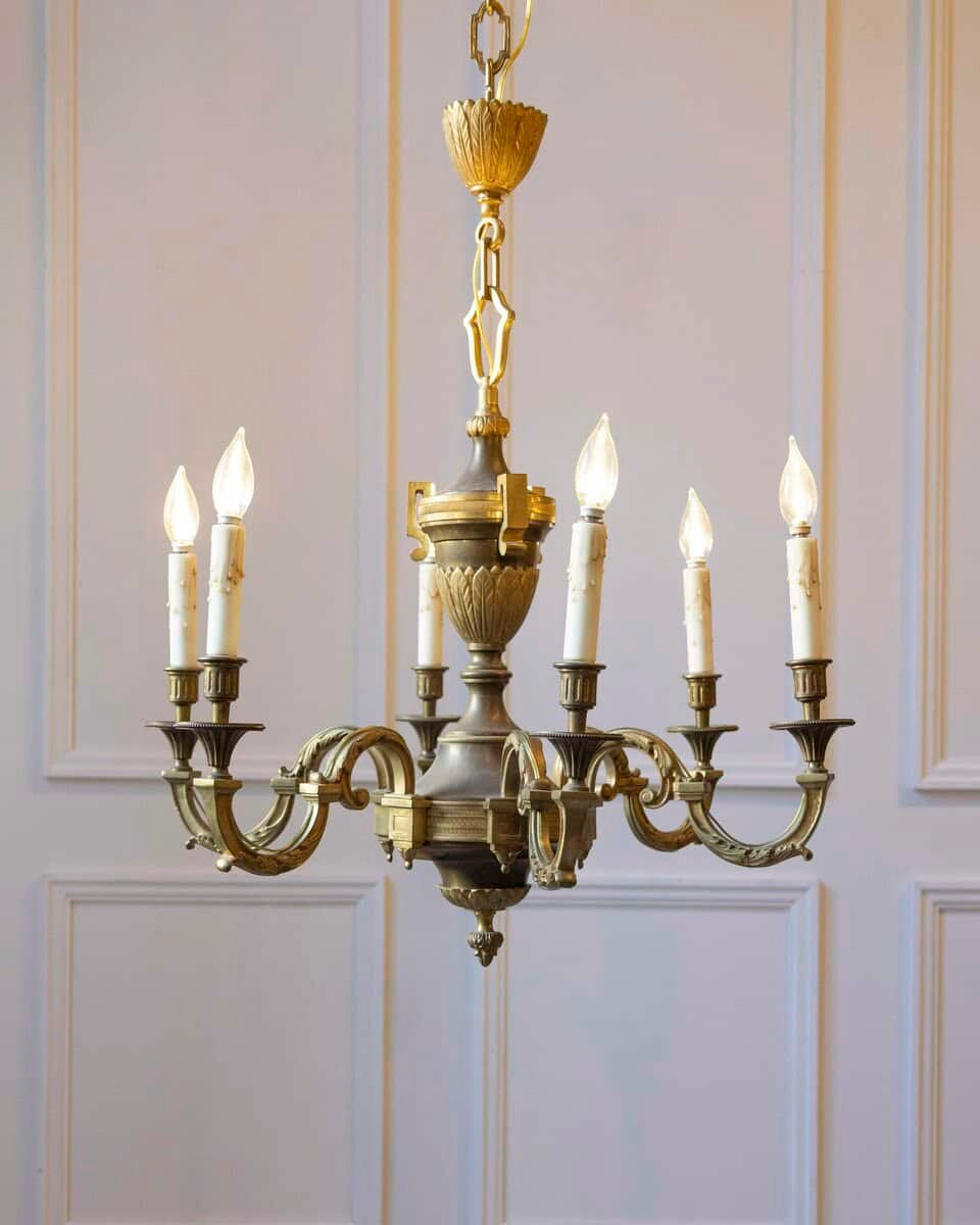 20th-Century French Bronze Chandelier with Classical Motifs - JAA
