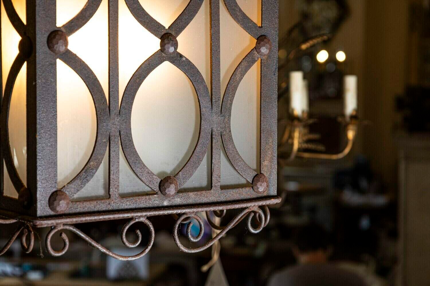 Elegant Pair of 20th-Century French Iron Lanterns with Scrollwork Detail - JAA