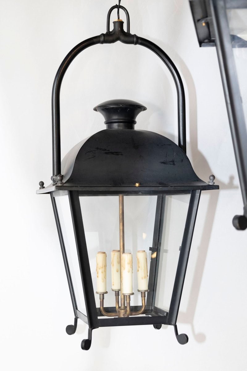 3 Available (Priced Each) - 20th Century French Iron Lantern with classic silhouette and glass panels - JAA