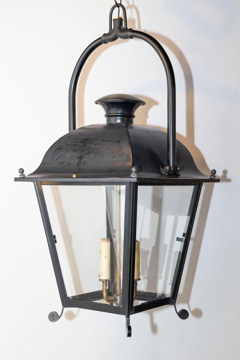 3 Available (Priced Each) - 20th Century French Iron Lantern with classic silhouette and glass panels - JAA