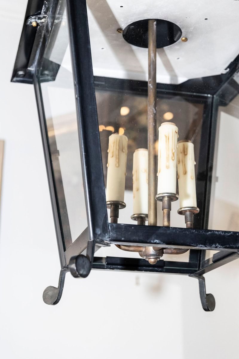 3 Available (Priced Each) - 20th Century French Iron Lantern with classic silhouette and glass panels - JAA