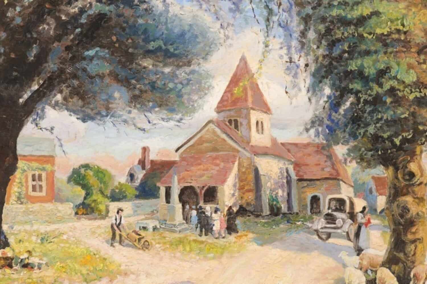 French Impressionist Style 1950s Oil on Canvas Painting Depicting a Small Church - JAA