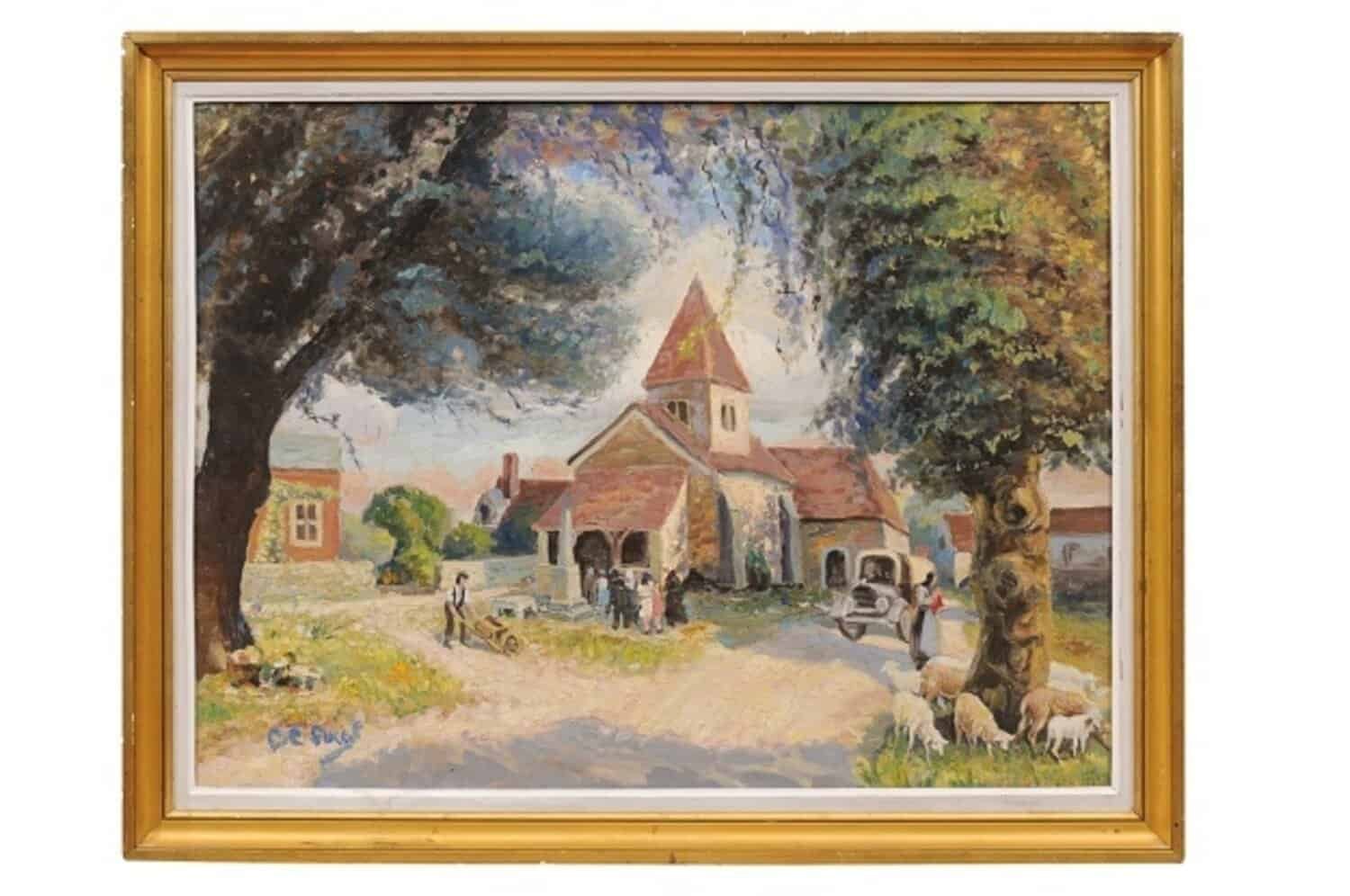French Impressionist Style 1950s Oil on Canvas Painting Depicting a Small Church - JAA