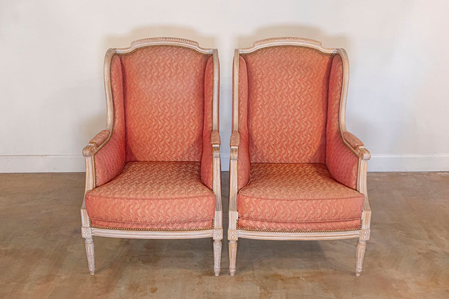 Pair of French Louis XVI Style 1900s Painted Bergères Chairs with Upholstery - JAA