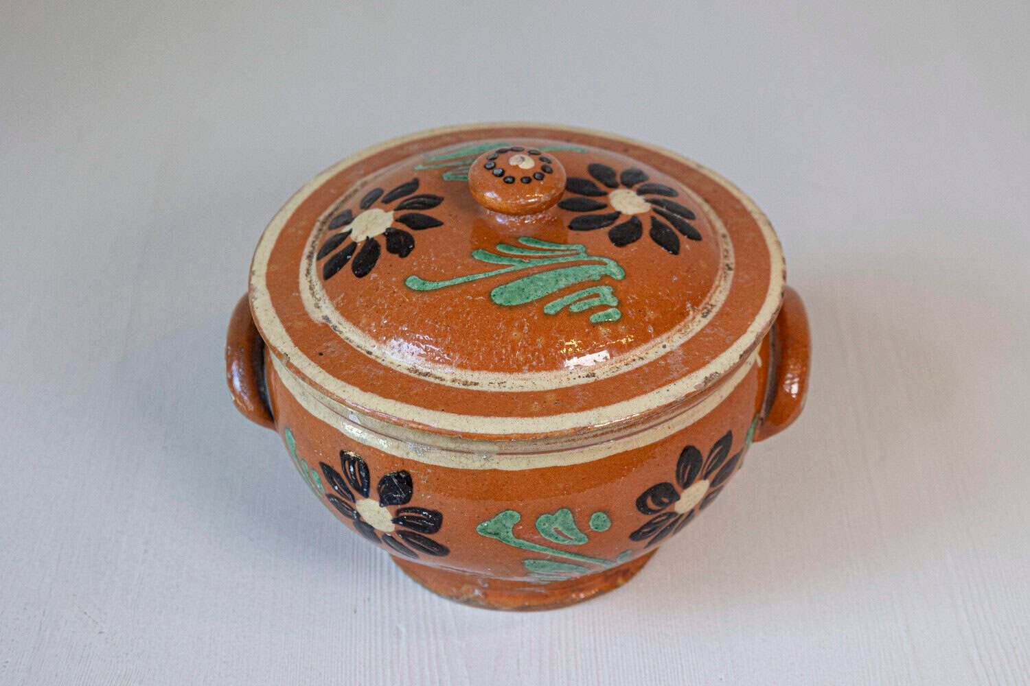 Rustic French 19th Century Glazed Terracotta Covered Baking Dish with Flowers - JAA