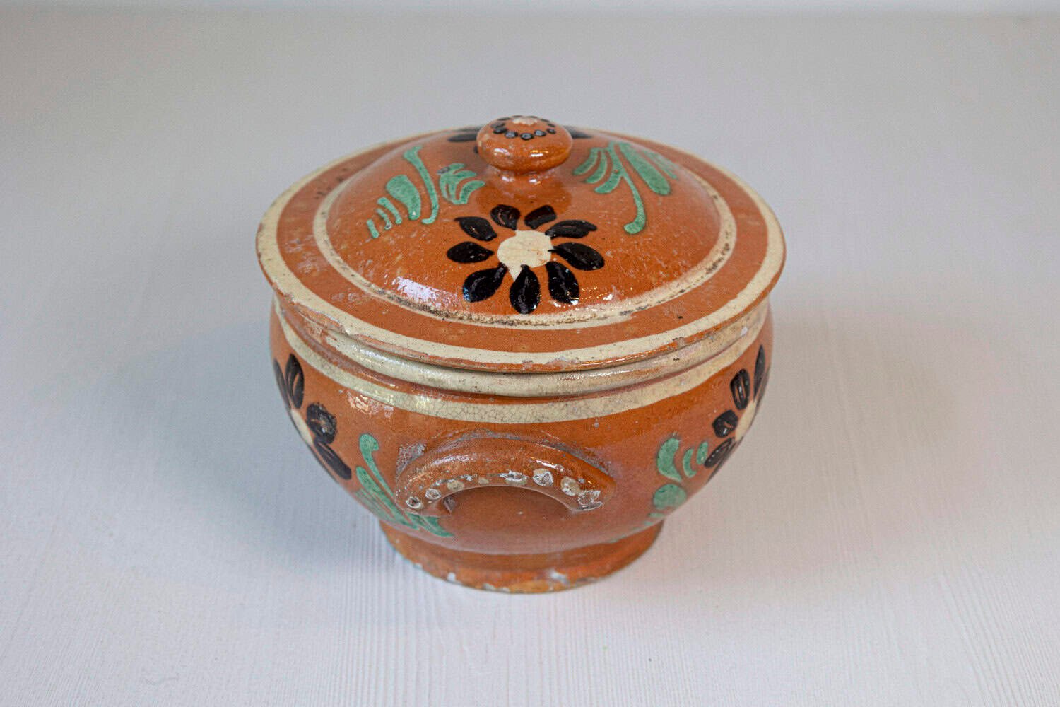 Rustic French 19th Century Glazed Terracotta Covered Baking Dish with Flowers - JAA