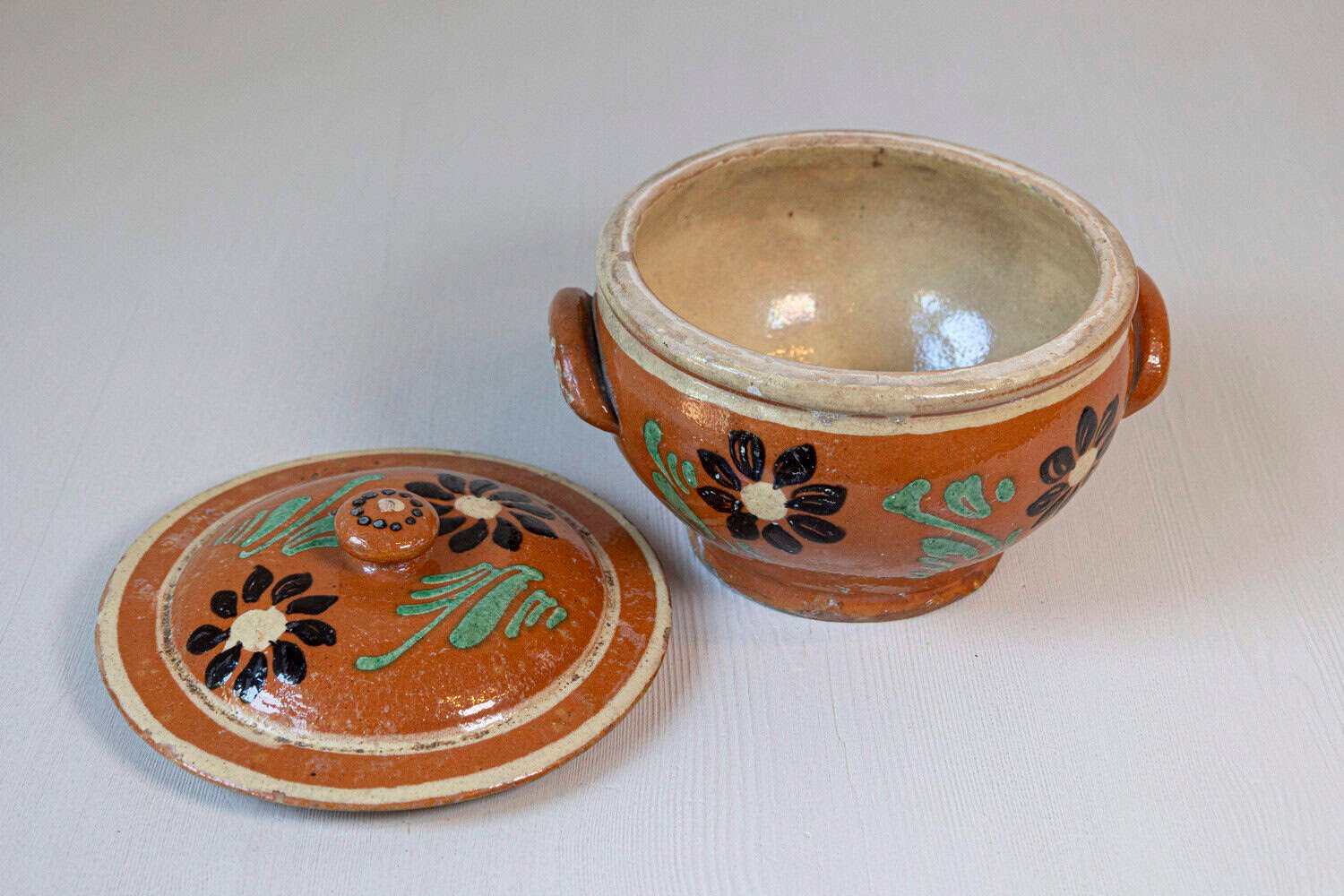 Rustic French 19th Century Glazed Terracotta Covered Baking Dish with Flowers - JAA