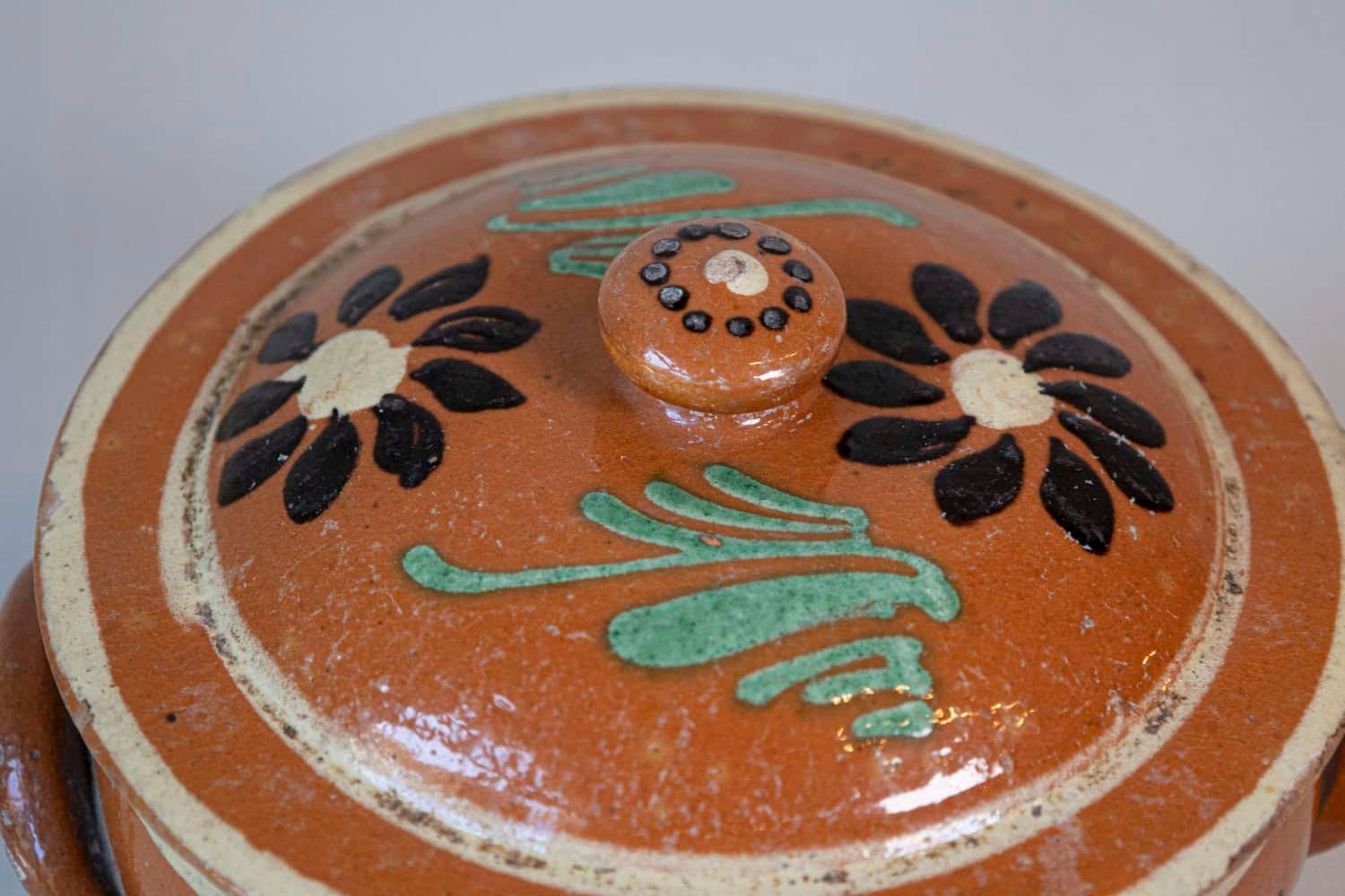 Rustic French 19th Century Glazed Terracotta Covered Baking Dish with Flowers - JAA