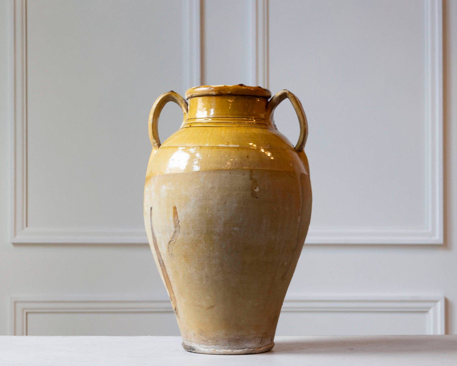 Mediterranean 19th Century Pottery Jug with Yellow Glazed Rim and Handles - JAA