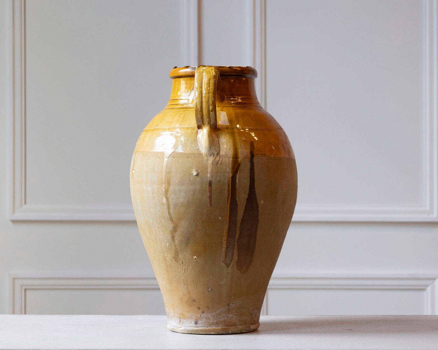 Mediterranean 19th Century Pottery Jug with Yellow Glazed Rim and Handles - JAA