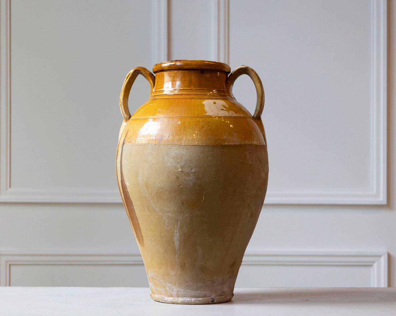 Mediterranean 19th Century Pottery Jug with Yellow Glazed Rim and Handles - JAA