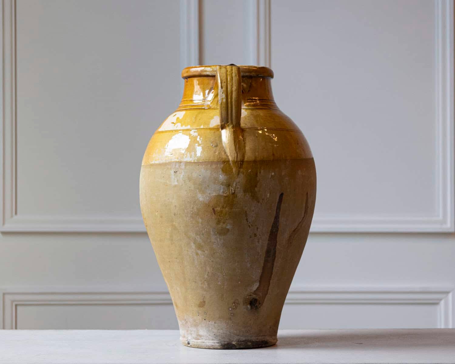 Mediterranean 19th Century Pottery Jug with Yellow Glazed Rim and Handles - JAA