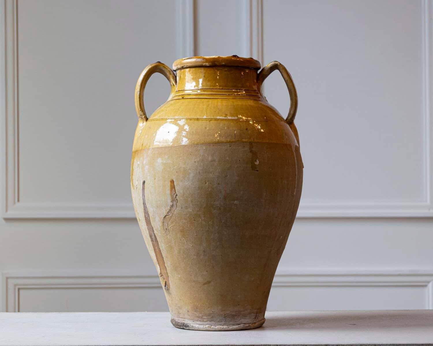 Mediterranean 19th Century Pottery Jug with Yellow Glazed Rim and Handles - JAA