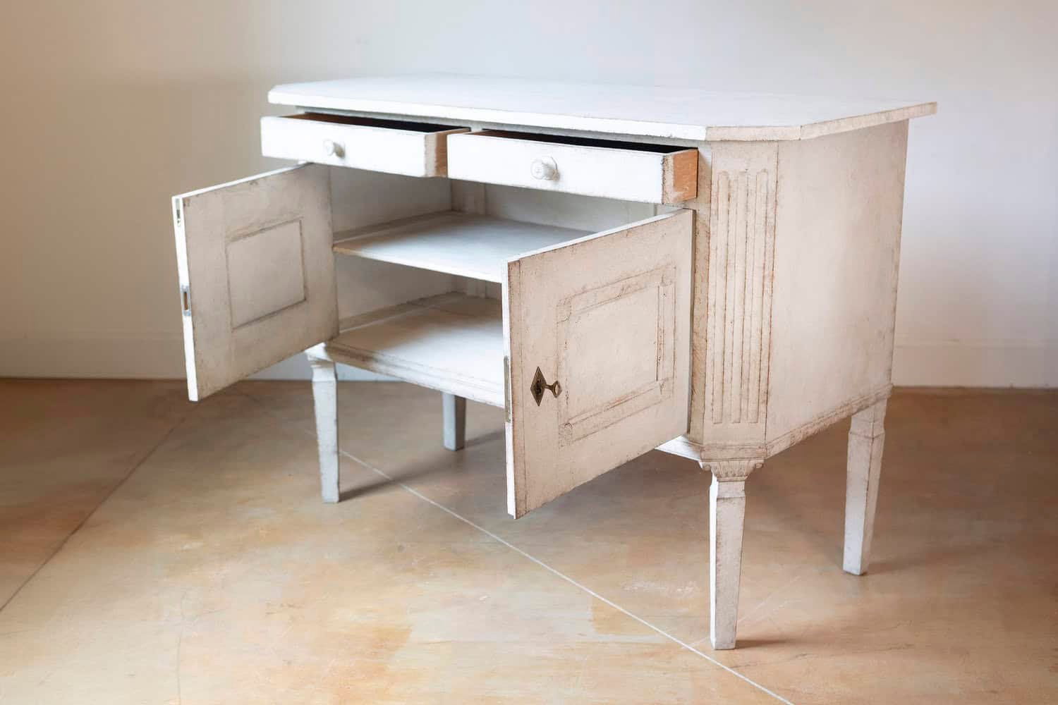 Swedish 1890 Painted Sideboard with Two Drawers, Two Doors and Fluted Side Posts - JAA