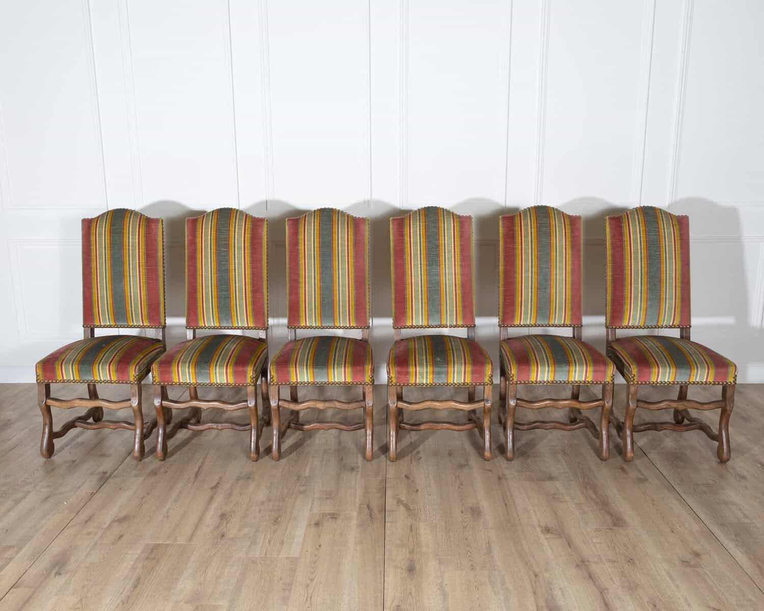 Set of Six Pegged Oak Mutton-Leg Dining Chairs with Striped Upholstery - JAA