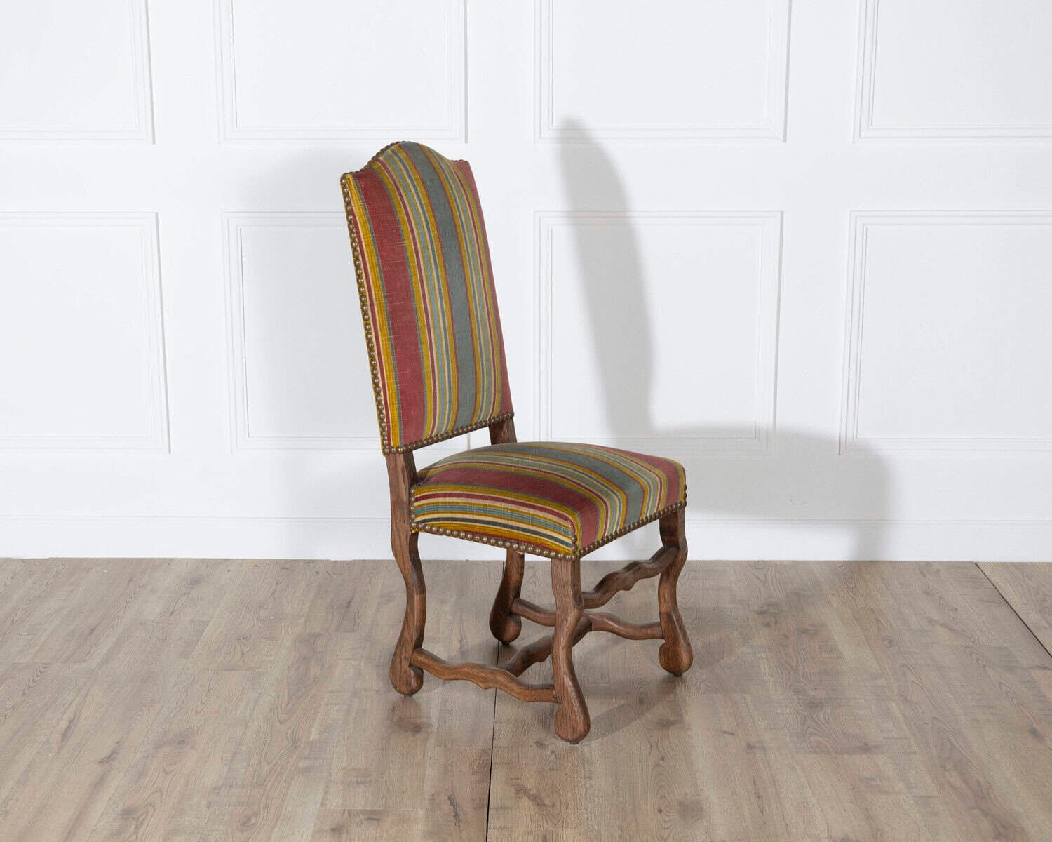 Set of Six Pegged Oak Mutton-Leg Dining Chairs with Striped Upholstery - JAA