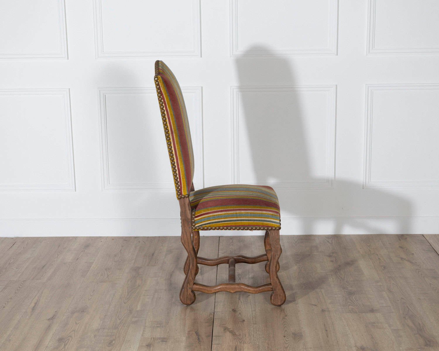 Set of Six Pegged Oak Mutton-Leg Dining Chairs with Striped Upholstery - JAA