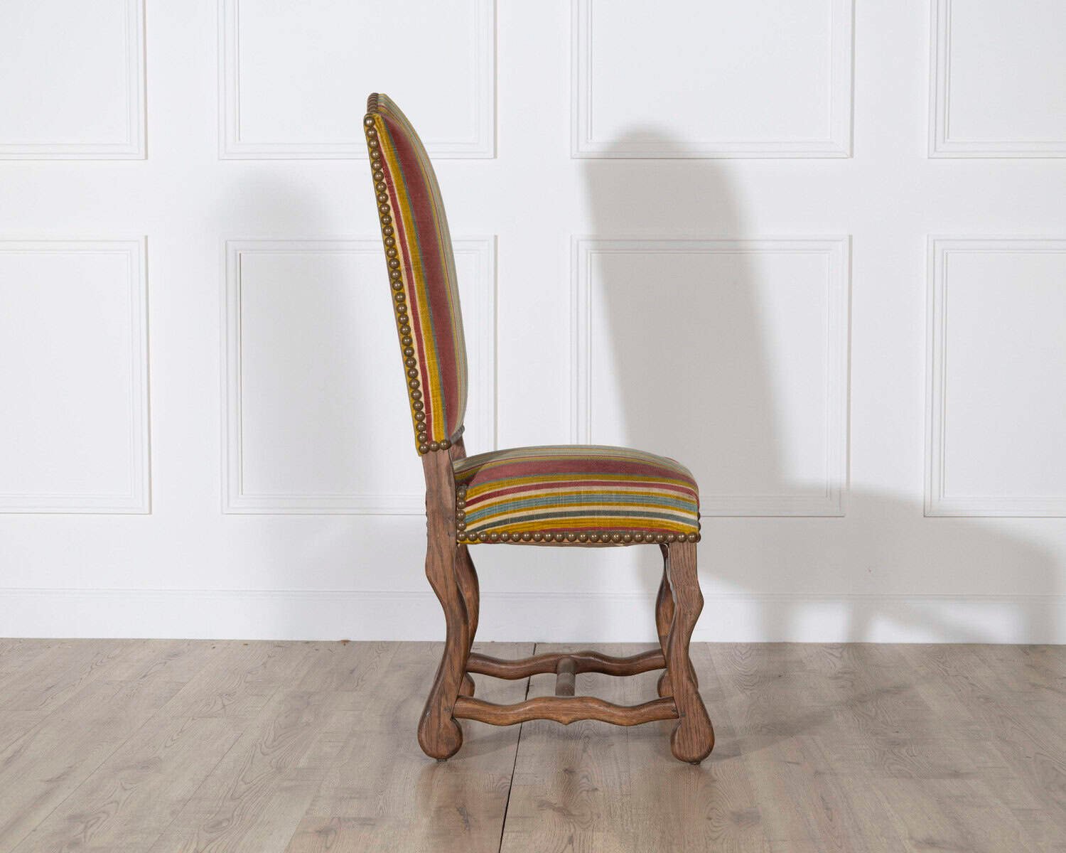 Set of Six Pegged Oak Mutton-Leg Dining Chairs with Striped Upholstery - JAA