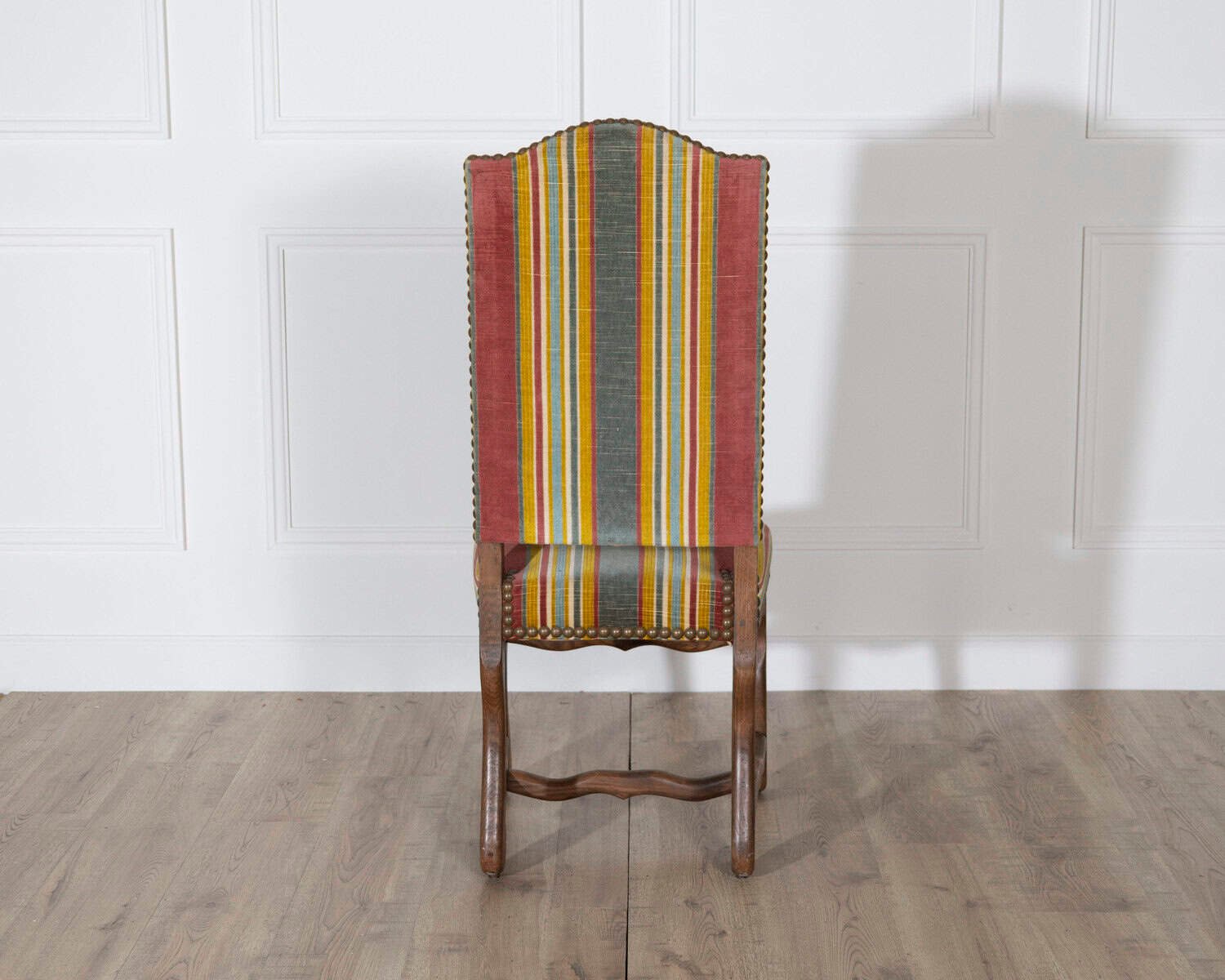 Set of Six Pegged Oak Mutton-Leg Dining Chairs with Striped Upholstery - JAA