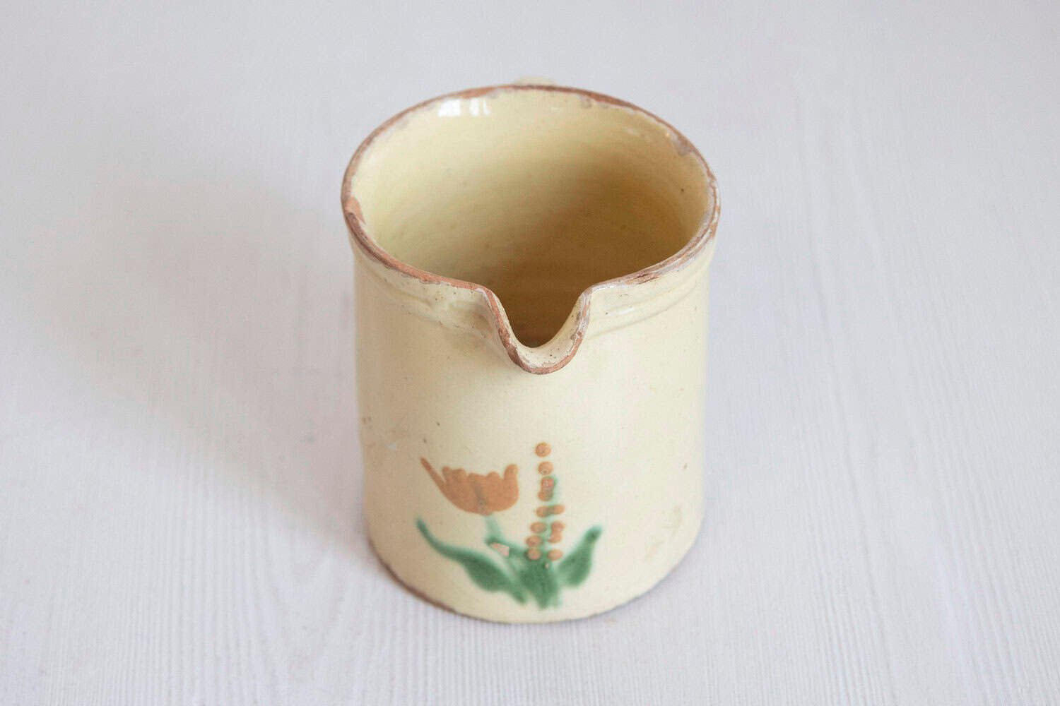 French 19th Century Cream Glazed Terracotta Pitcher with Floral Décor - JAA