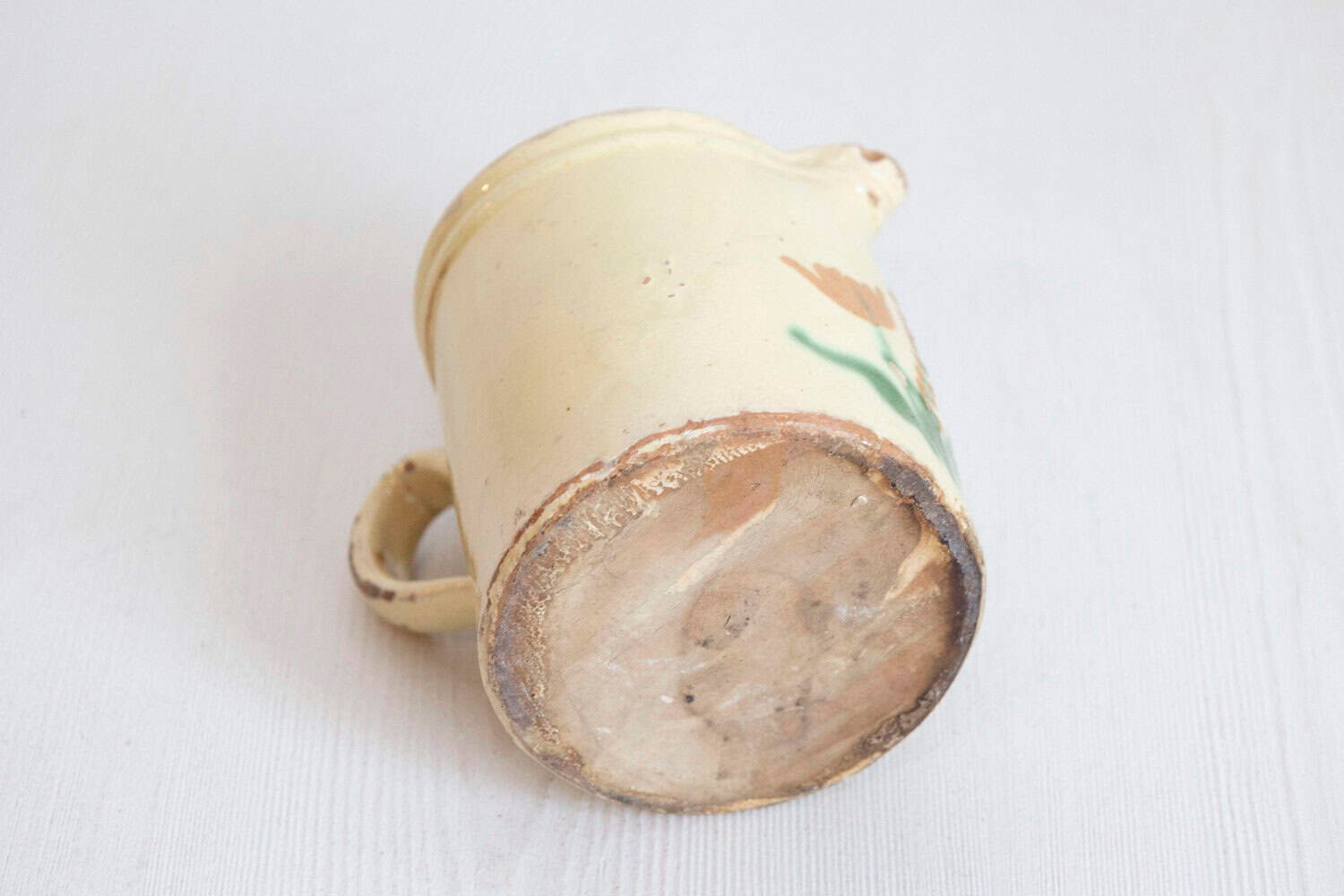 French 19th Century Cream Glazed Terracotta Pitcher with Floral Décor - JAA