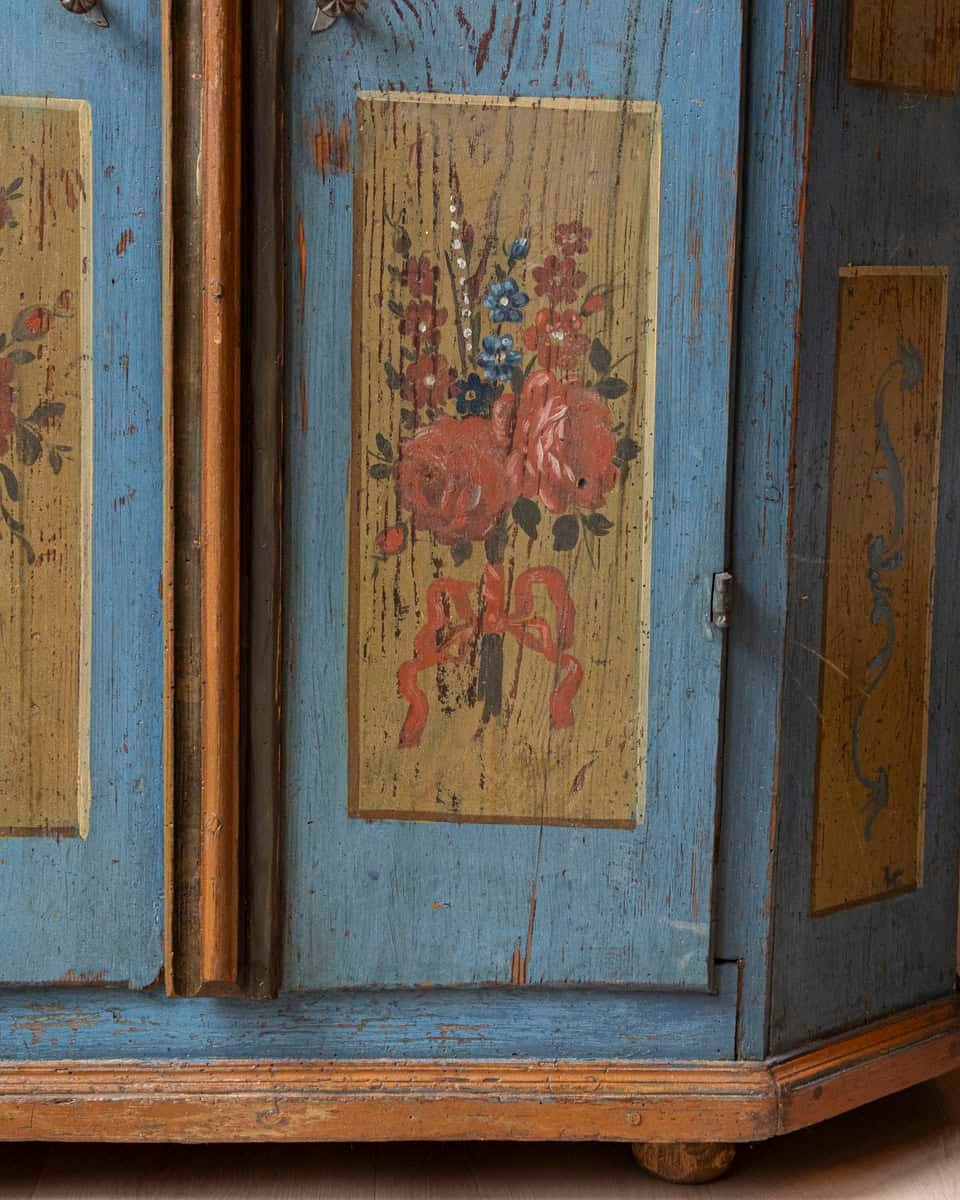 Tyrolean Early 19th Century Blue Painted Wardrobe with Hand-Painted Floral Panels and Original Inscription, Dated 1829 - JAA