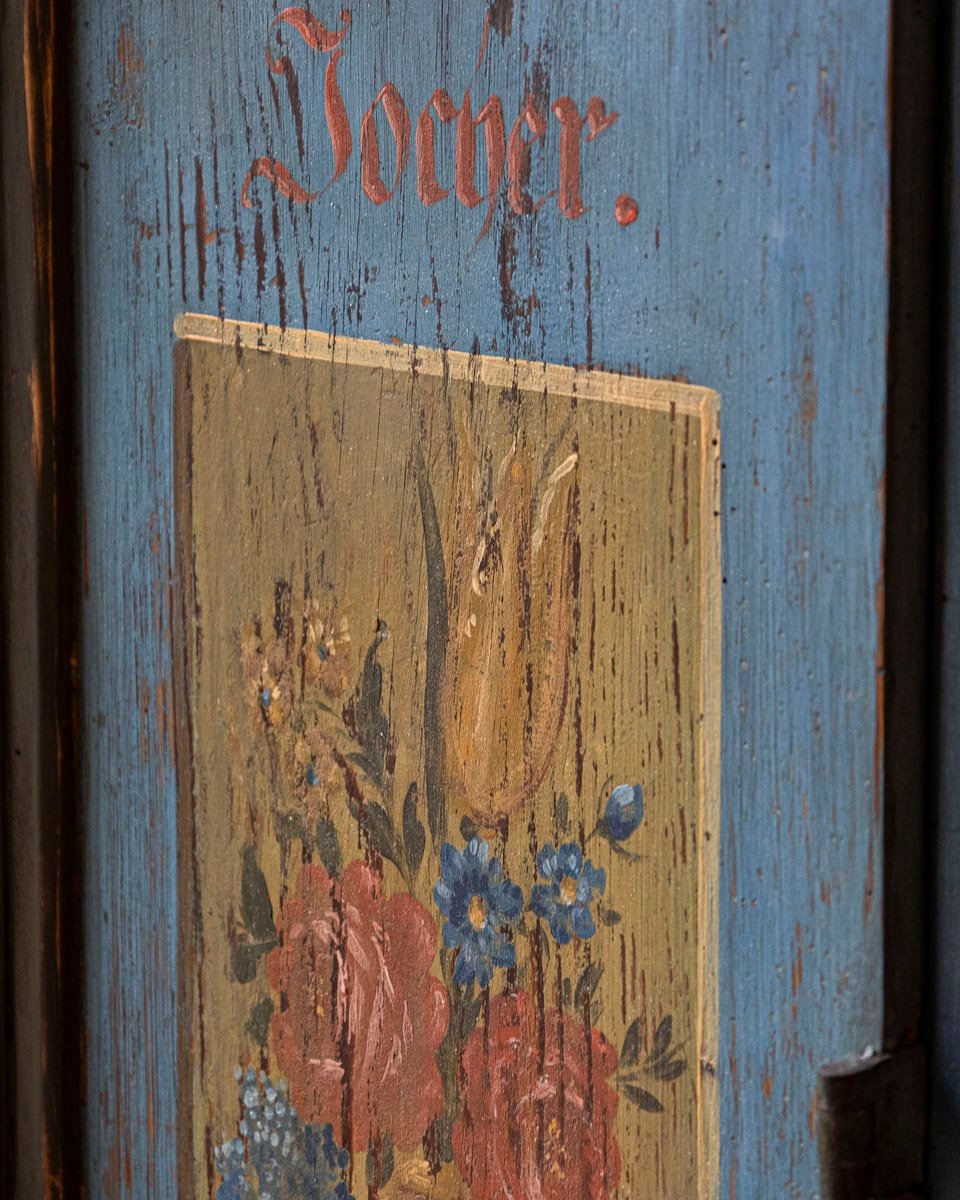 Tyrolean Early 19th Century Blue Painted Wardrobe with Hand-Painted Floral Panels and Original Inscription, Dated 1829 - JAA