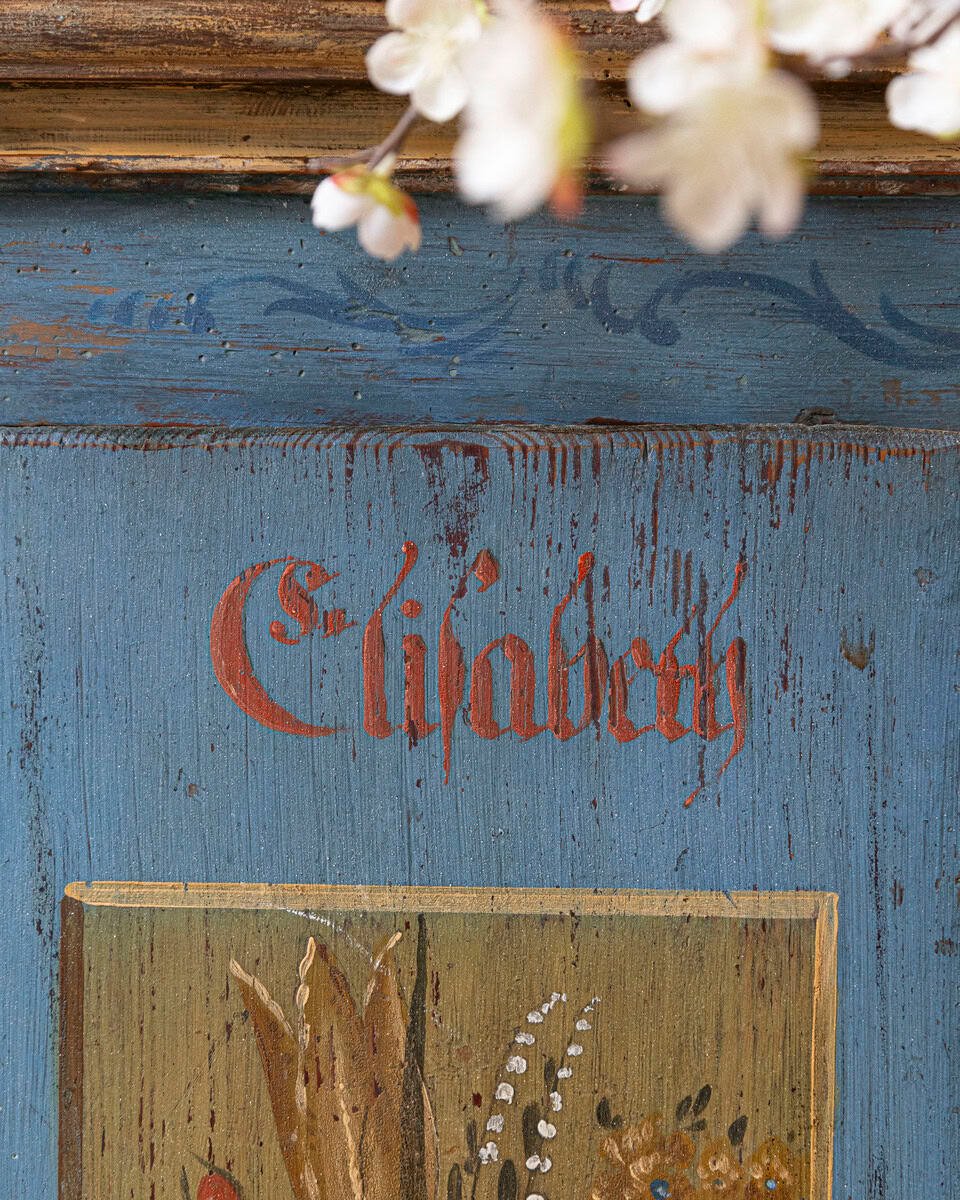 Tyrolean Early 19th Century Blue Painted Wardrobe with Hand-Painted Floral Panels and Original Inscription, Dated 1829 - JAA