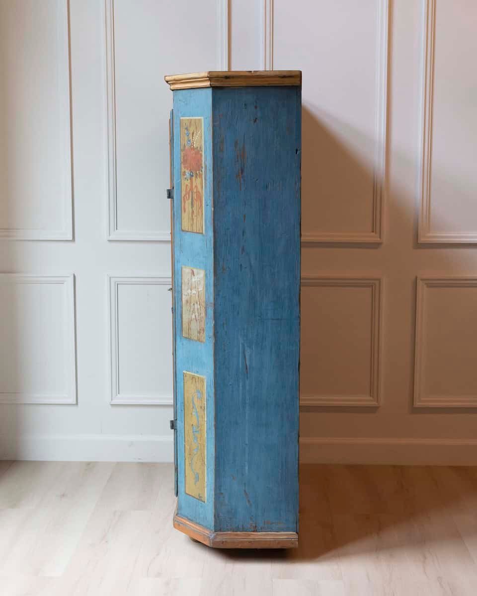 Tyrolean Early 19th Century Blue Painted Wardrobe with Hand-Painted Floral Panels and Original Inscription, Dated 1829 - JAA