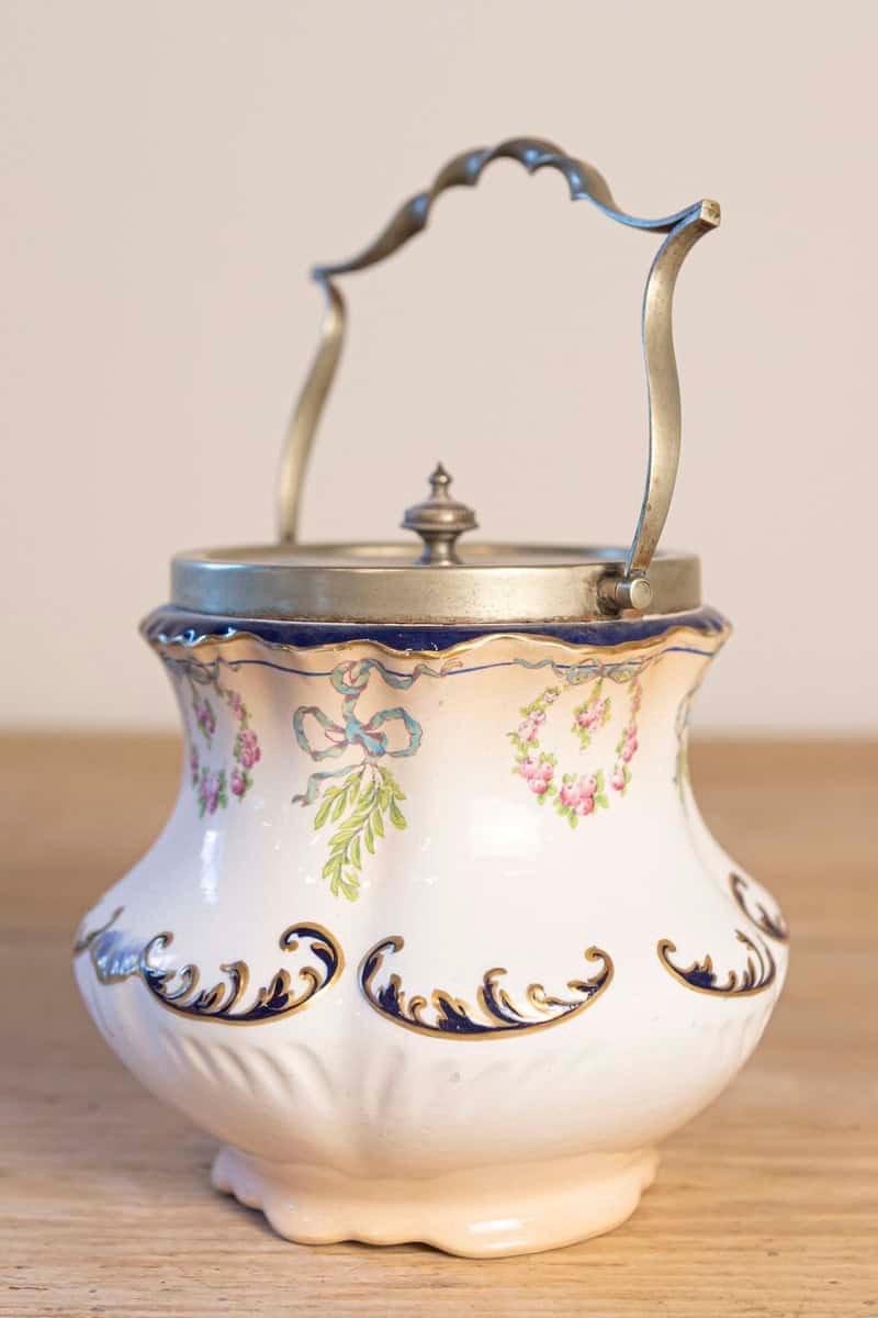 English Crescent Ware 1890s Porcelain Pot with Floral Motifs and EPNS Lid - JAA