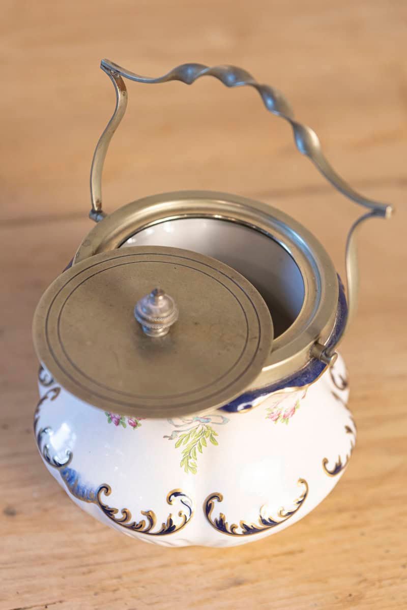 English Crescent Ware 1890s Porcelain Pot with Floral Motifs and EPNS Lid - JAA