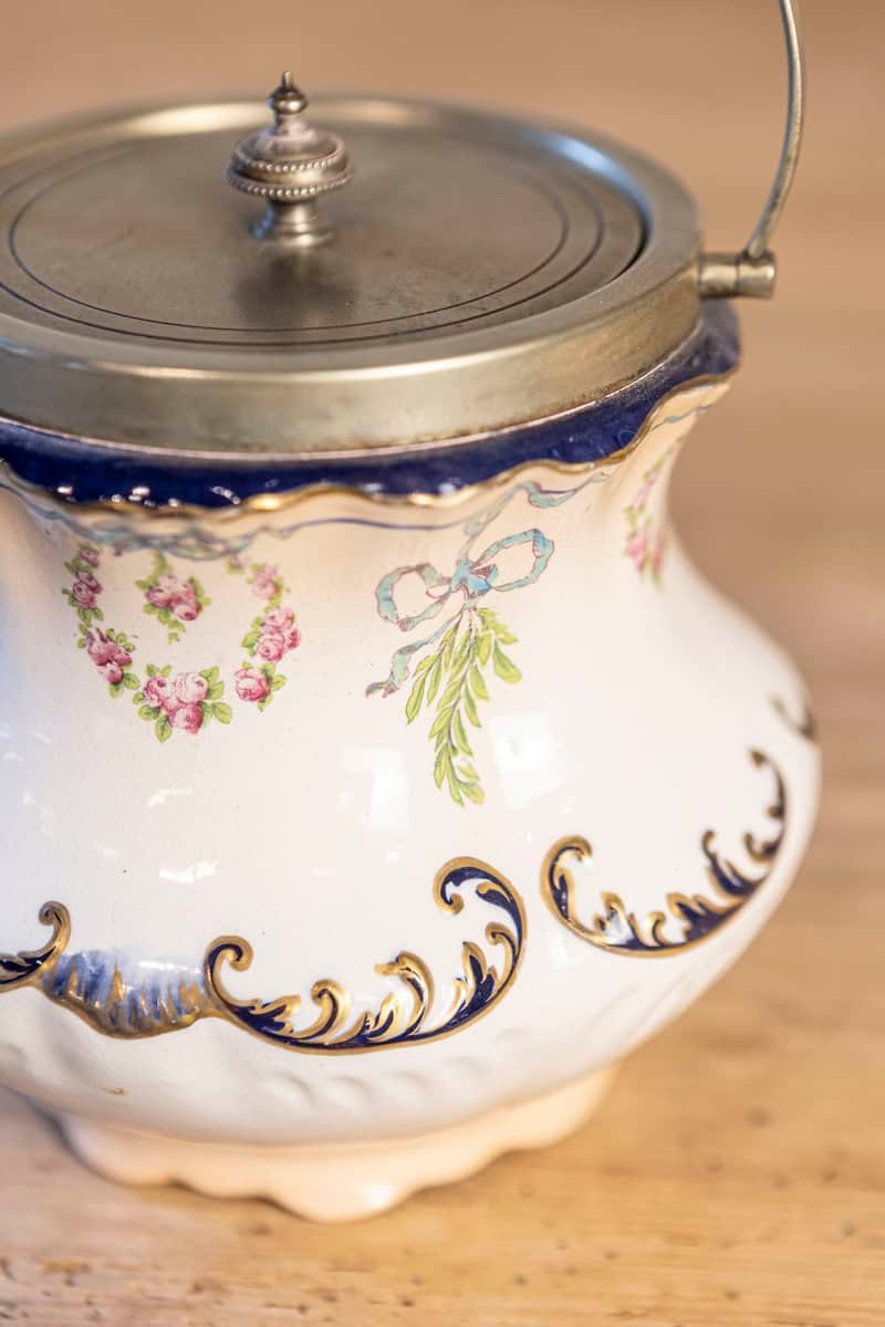 English Crescent Ware 1890s Porcelain Pot with Floral Motifs and EPNS Lid - JAA