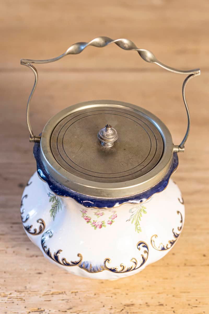 English Crescent Ware 1890s Porcelain Pot with Floral Motifs and EPNS Lid - JAA