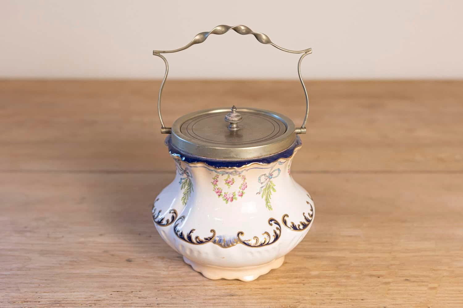 English Crescent Ware 1890s Porcelain Pot with Floral Motifs and EPNS Lid - JAA