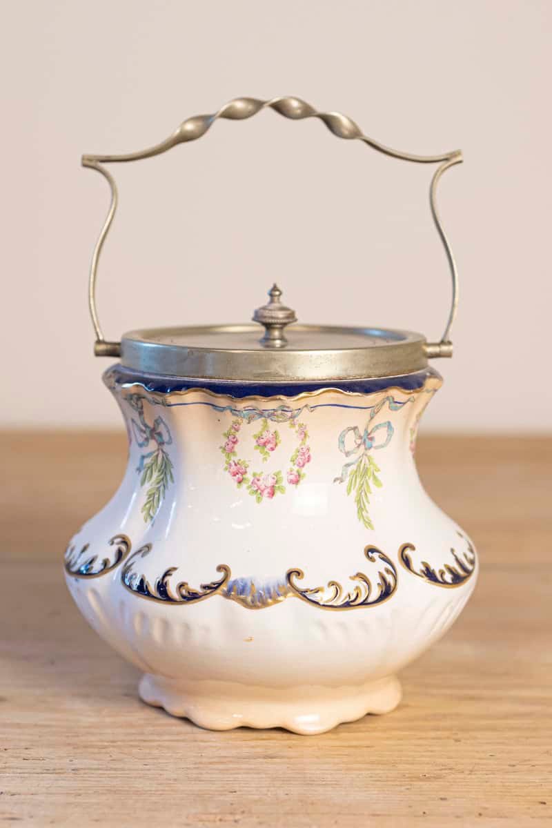 English Crescent Ware 1890s Porcelain Pot with Floral Motifs and EPNS Lid - JAA