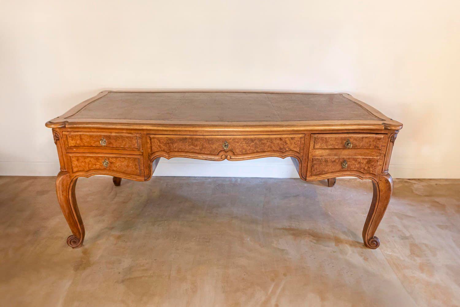 French Louis XV Style 19th Century Burr Walnut and Leather Top Four-Drawer Desk - JAA