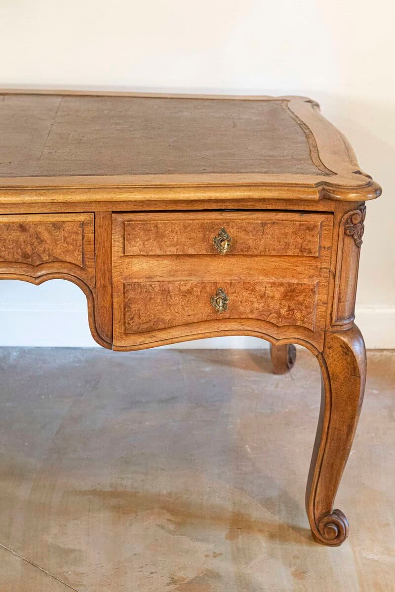 French Louis XV Style 19th Century Burr Walnut and Leather Top Four-Drawer Desk - JAA