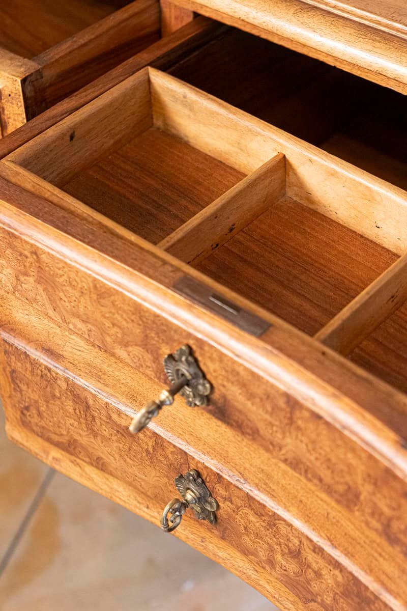 French Louis XV Style 19th Century Burr Walnut and Leather Top Four-Drawer Desk - JAA