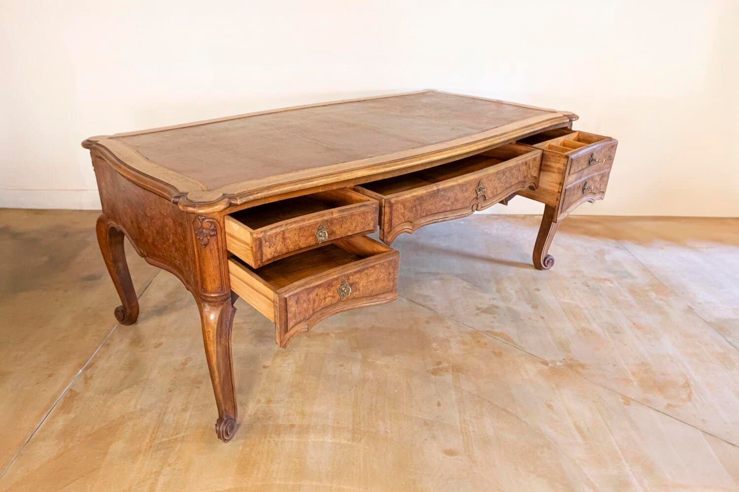 French Louis XV Style 19th Century Burr Walnut and Leather Top Four-Drawer Desk - JAA