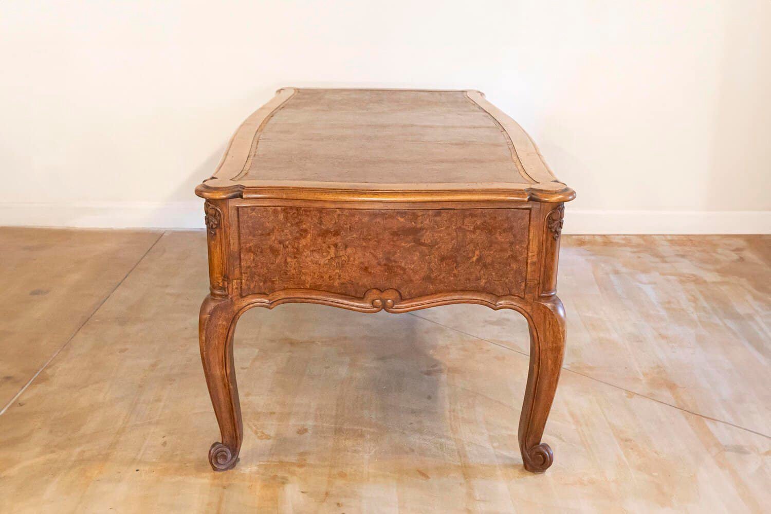 French Louis XV Style 19th Century Burr Walnut and Leather Top Four-Drawer Desk - JAA