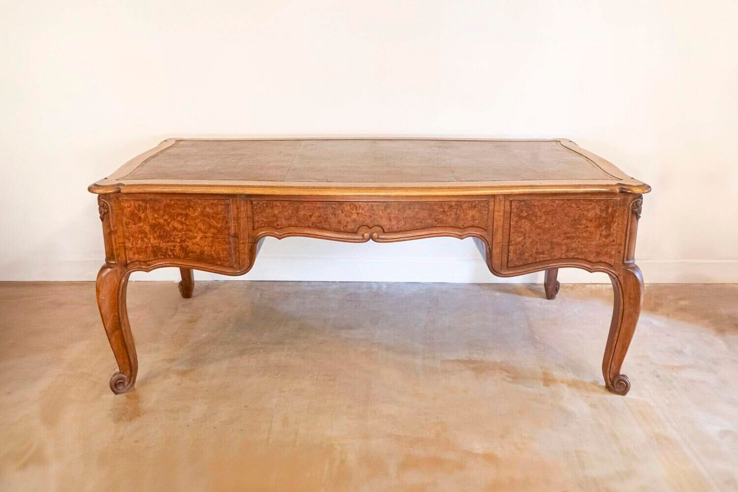 French Louis XV Style 19th Century Burr Walnut and Leather Top Four-Drawer Desk - JAA
