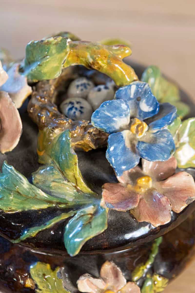 French 19th Century Barbotine Covered Bowl with Floral Décor and Bird's Nest - JAA