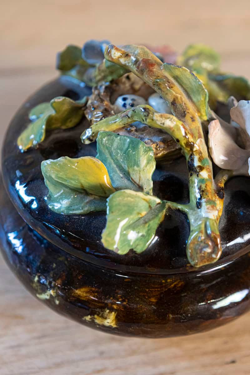 French 19th Century Barbotine Covered Bowl with Floral Décor and Bird's Nest - JAA