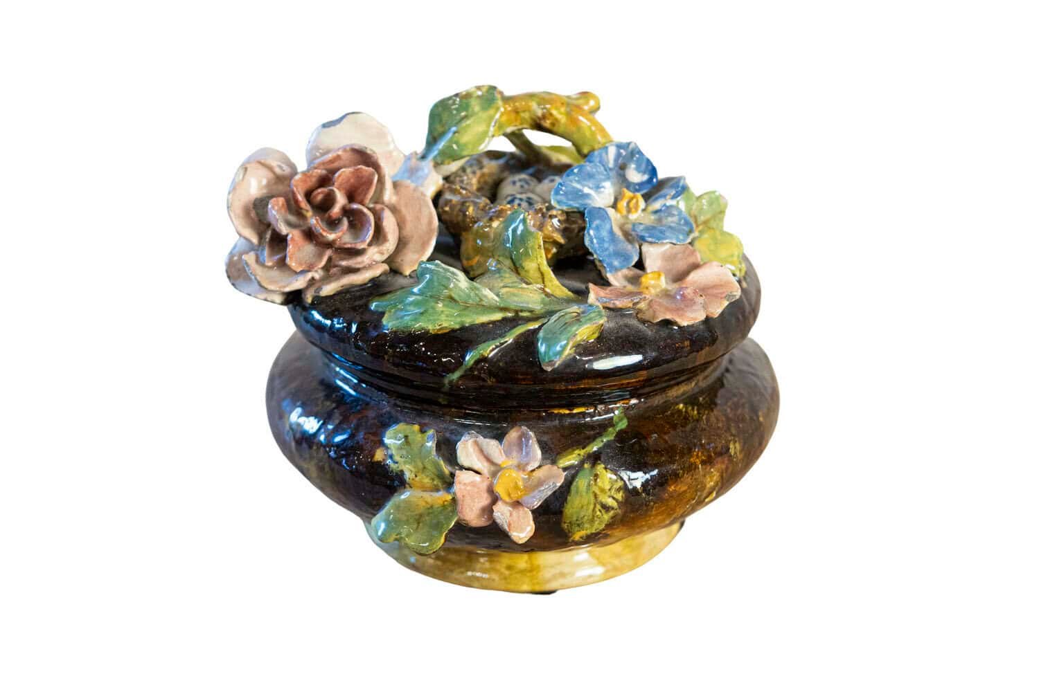 French 19th Century Barbotine Covered Bowl with Floral Décor and Bird's Nest - JAA
